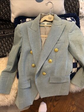 Veronica Beard Pale Blue Double-Breasted Blazer with Gold Buttons